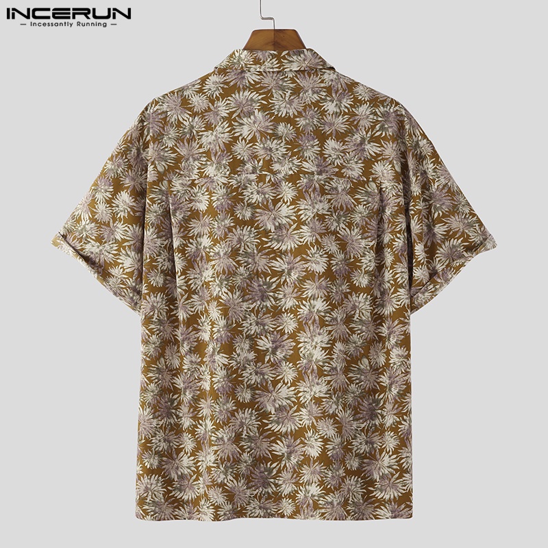Áo sơ mi INCERUN tay ngắn in họa tiết hoa phong cách thời trang cho nam