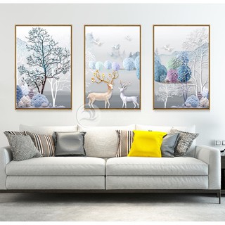 xả sốc Bộ ba tranh canvas hươu phủ bạc ảnh thật