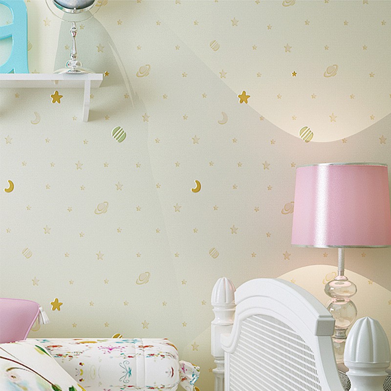 53cm * 9.5m wallpaper Non-self-adhesive non-woven Hình nền không dệt Chất kết dính Sao mặt trăng hình nền trẻ em bầu trời đêm xanh Bé trai phòng ngủ không dệt hình nền hoạt hình công chúa