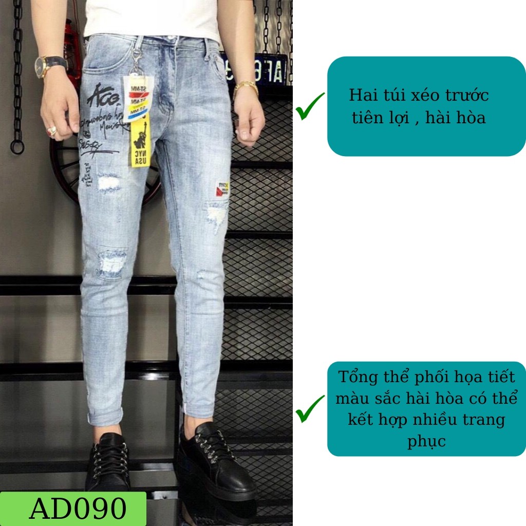 Quần Jean Nam Chất Bò AD090TG Xanh Wash Phối ChữCao Cấp Trẻ Trung Cá Tính