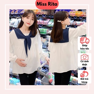  Áo bầu thu đông công sở babydoll cho bầu Áo bầu xinh bigsize thiết kế Áo bầu babydoll tay dài cổ thuỷ thủ by Miss Rita 