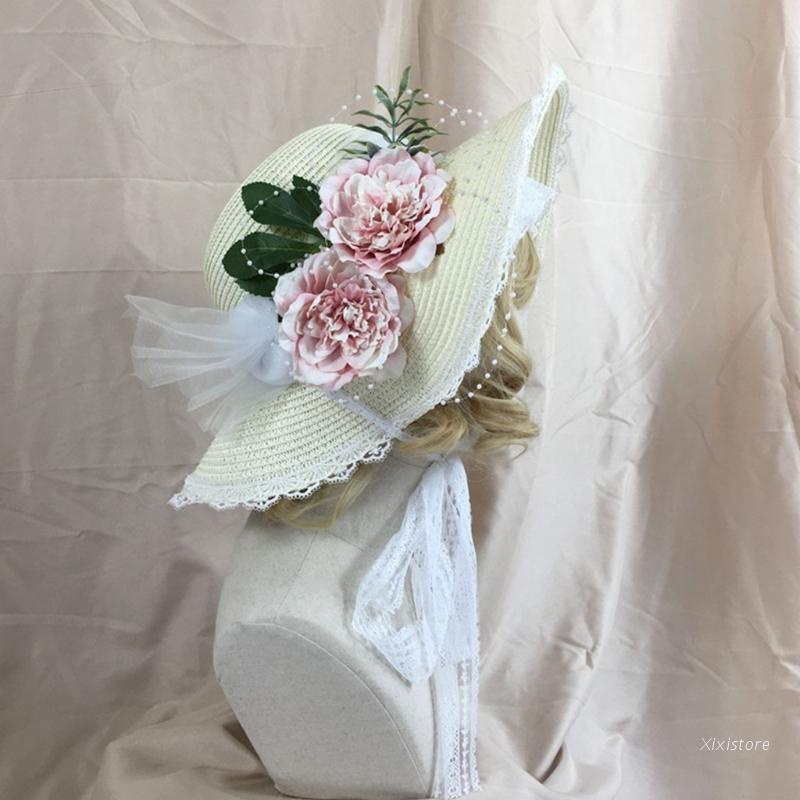 Mũ đan cói chống nắng có thể gập lại đính hoa lá làm đạo cụ dự tiệc cho nữ