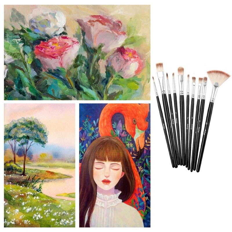 Set 10 Cọ Vẽ Màu Nước Sợi Nylon Cán Nhựa Acrylic