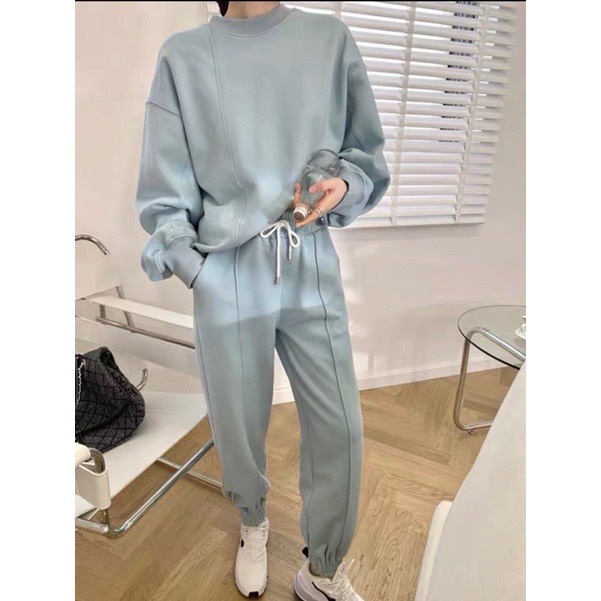 Set Nỉ Trơn Vạt Lệch Nữ  🌸 Bộ đồ sweater form rộng, quần ống boom kèm áo raplan màu Xanh Ulzzang 🌸