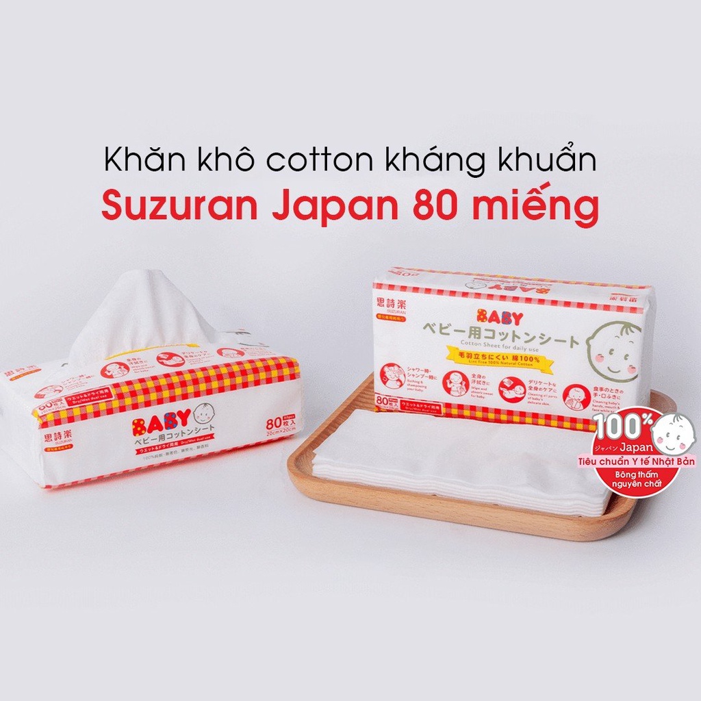 Khăn khô cotton kháng khuẩn Suzuran Japan 80 miếng