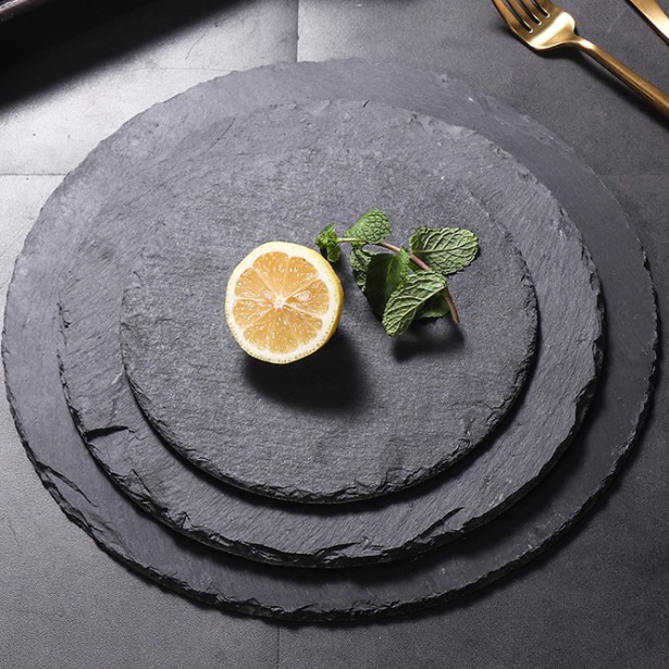 Dĩa/Đĩa đá đen decor đồ ăn, chụp ảnh sản phẩm, loại tròn-vuông-chữ nhật nhiều kích cỡ