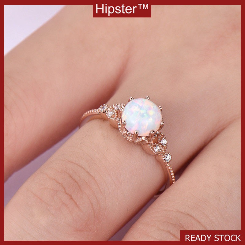 Mặt Đá Mặt Trăng Thiên Nhẫn Đứng Kim Cương Mạ 18K Hoa Hồng Vàng Trắng Opal