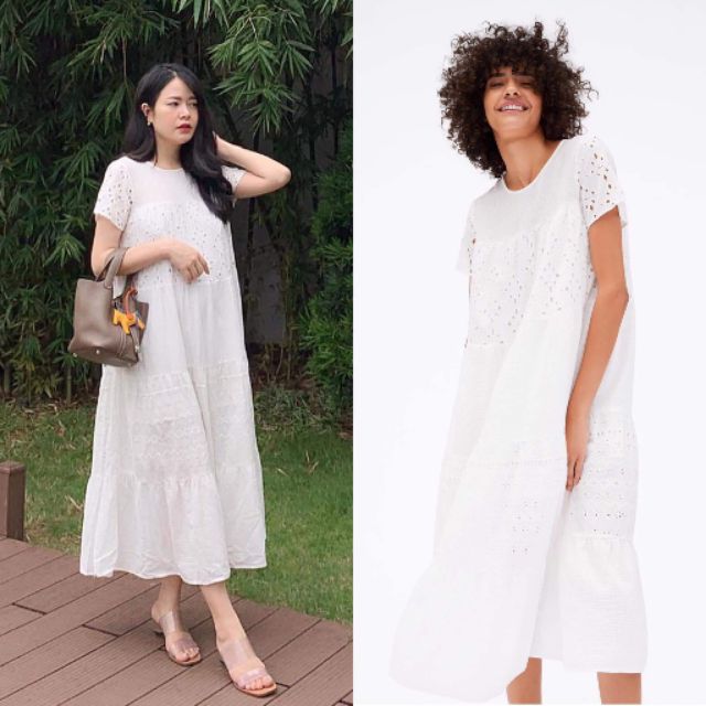 Đầm zara xuất trắng thô đục lỗ, bầu bí thoải mái ảnh thật