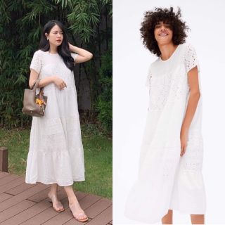 Đầm zara xuất trắng thô đục lỗ, bầu bí thoải mái ảnh thật