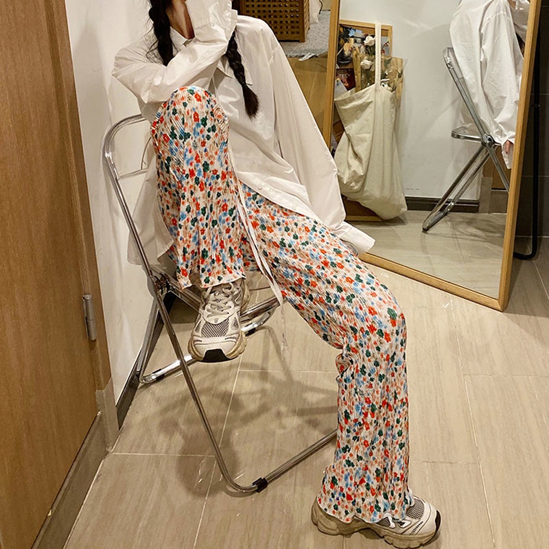 Jiashucheng Quần Dài Ống Rộng Lưng Cao Xếp Ly Vải Lụa Lạnh Chống Nắng In Họa Tiết Hoa Phong Cách Retro Thời Trang Cho Nữ