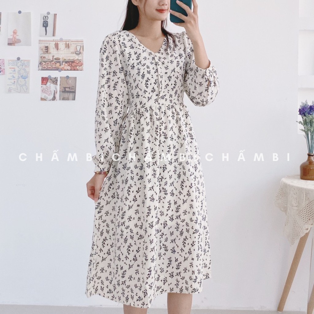 Đầm Babydoll Hoa Nhí Dài Tay Cúc Ngực Cổ V Freesize<53kg - V.046 | BigBuy360 - bigbuy360.vn