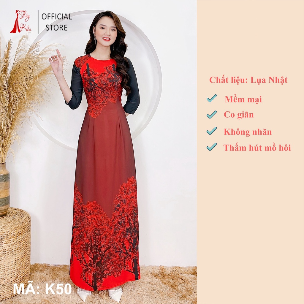 Áo dài nữ may sẵn thiết kế trung niên đẹp cách tân tết đỏ K50 Thúy Kiều mềm mại, co giãn, áo dài giá rẻ