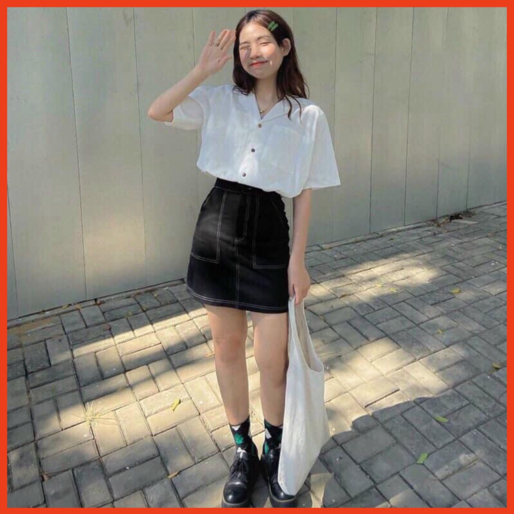 Sale Set Đồ Nữ Ulzzang, Set Áo Sơ Mi Cổ Vest Mix Chân Váy Jean Chỉ Nổi Phong Cách Hàn Quốc Đi Chơi, Đi Làm 🔥FREESHIP +G