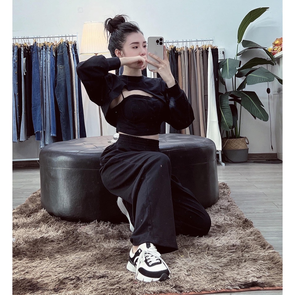 Set 3 món len croptop quần ống rộng áo khoét ngực kèm bra 2 dây DN250