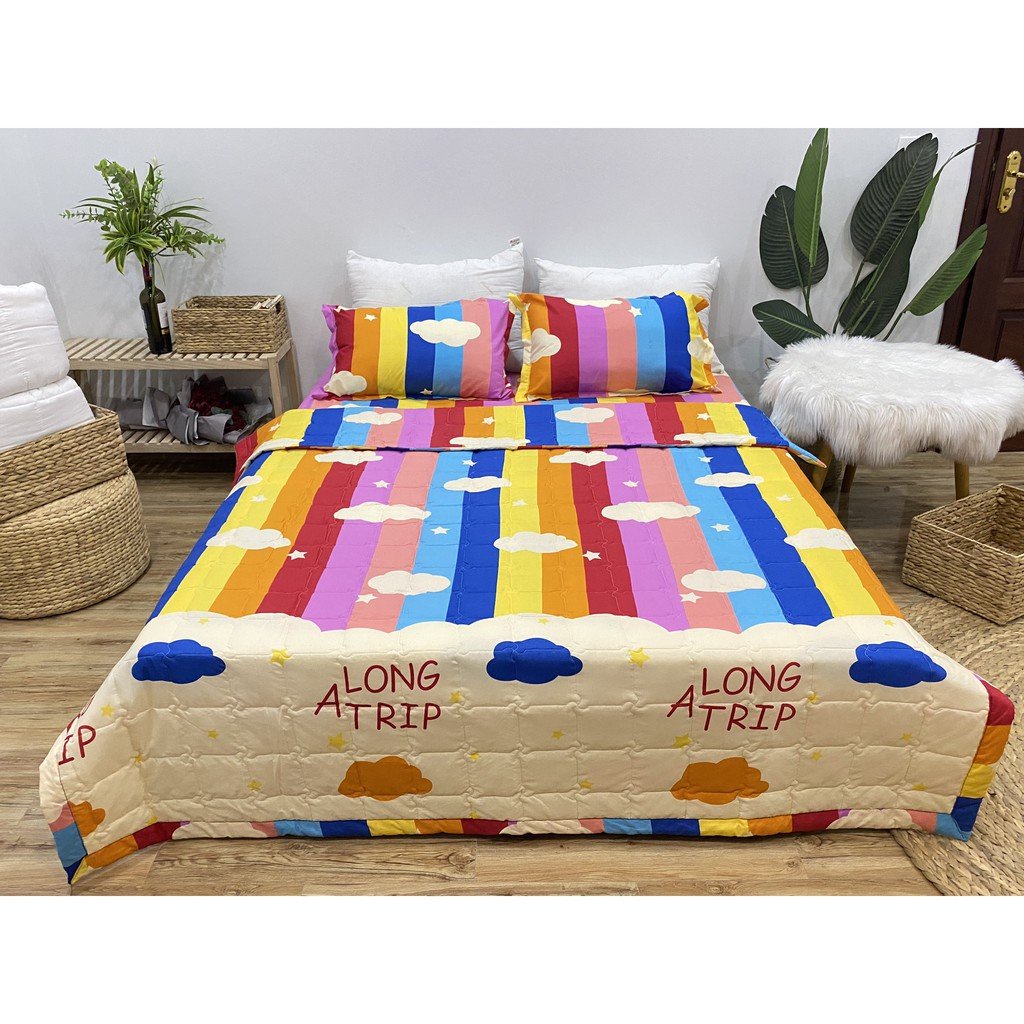 Chăn hè chần bông cotton poly họa tiết đáng yêu, mền cotton thoáng khí thấm hút tốt kích thước 1m8x2m