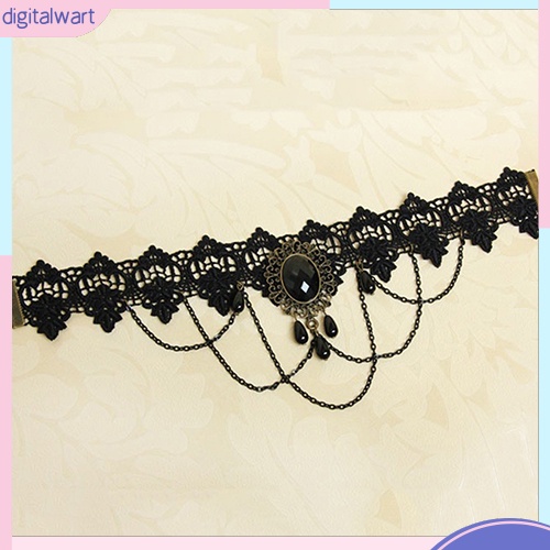 Vòng cổ choker thiết kế ren phối đá quý nhân tạo đen cá tính phong cách gothic dành cho nữ