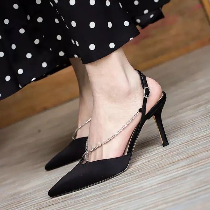 Giày cao gót nữ giày búp bê sandal bệt chất lụa satin phối quai đá lấp lánh (bệt và nhọn 8p) Q172_173 (Form nhỏ)