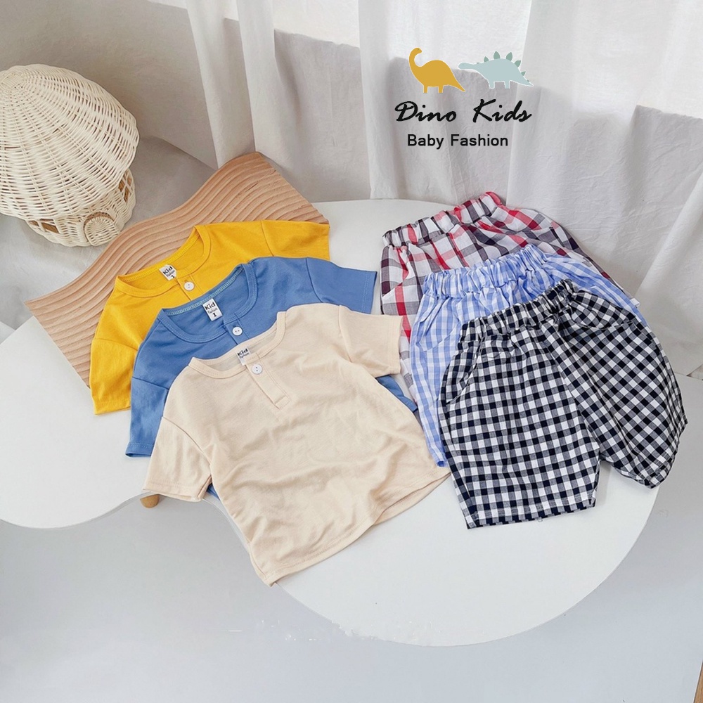 Bộ cộc tay bé trai, bộ áo cotton đũi đơn giản kèm quần thô kẻ cho bé