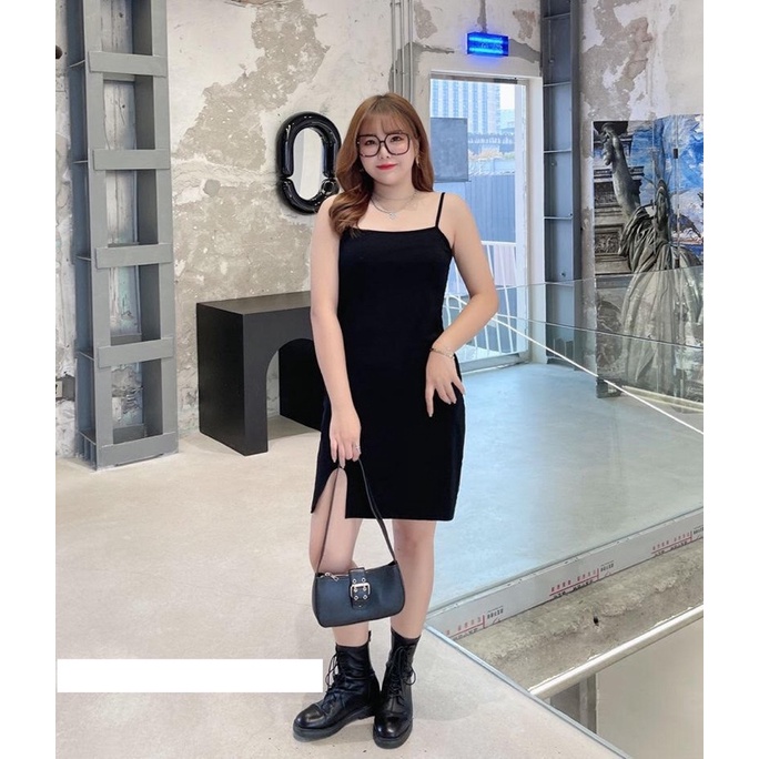 đầm thun big size 2 dây big size màu đen xẻ đùi size lớn 80-110kg