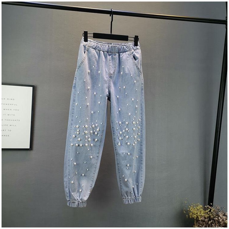Jeans Women's Fashion 2022 Spring / Summer New European ins loose, skinny, tight waist nails, beads and Harlan trousers