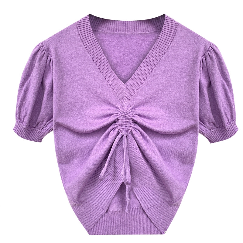 IELGY   Áo Croptop Dệt Kim Tay Phồng Ngắn Dáng Rộng Phối Dây Rút Cá Tính