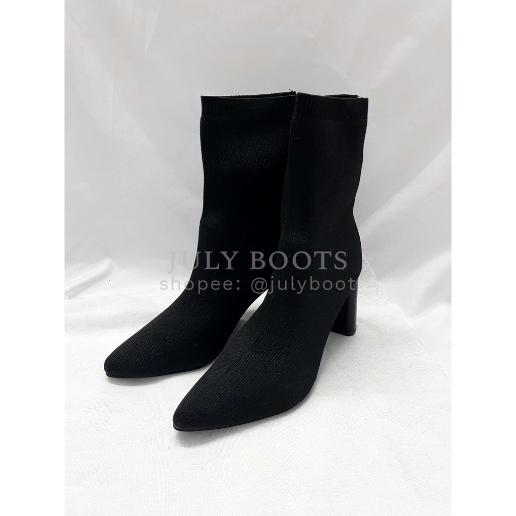 Siêu Ôm Chân - Boots Thun Len Đế Vuông Dẹt Mũi Nhọn Gót 9 Cm