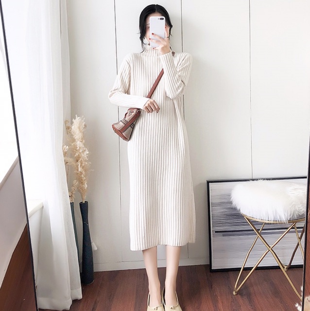 Ảnh thật - Váy cho bà bầu chất len siêu dầy dặn dành cho mùa đông mẹ bầu cao cổ mã B07