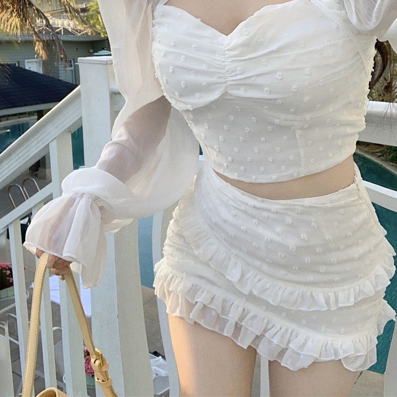 Áo Croptop Tay Dài Dáng Ôm Vải Voan Phối Dây Cột Họa Tiết Chấm Bi Thời Trang Cá Tính Cho Nữ