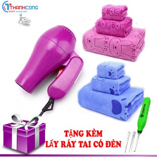 Combo 2 bộ 3, khăn tắm, khăn mặt ,khăn lau  + 1 máy sấy gấp gọn (Tặng lấy ráy tai có đèn)
