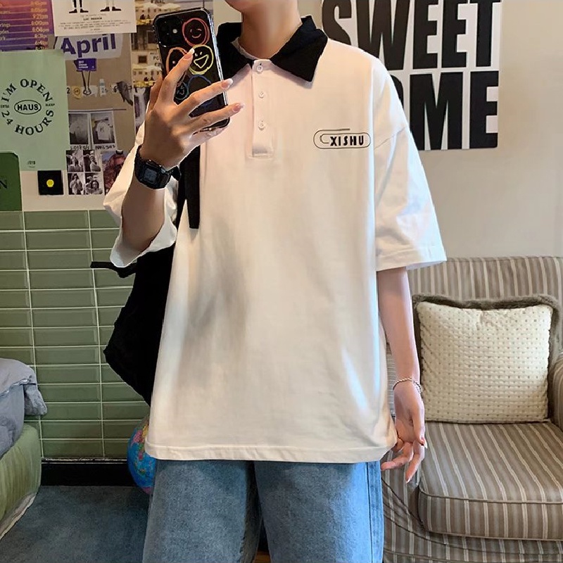 Áo Thun polo Có Cổ Thêu Chữ size M-3XL Phong Cách Hip Hop Cho Nam