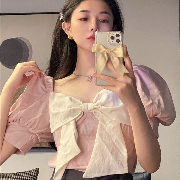 Áo Croptop Tay Phồng Cổ Vuông Đính Nơ Phong Cách Vintage 2021