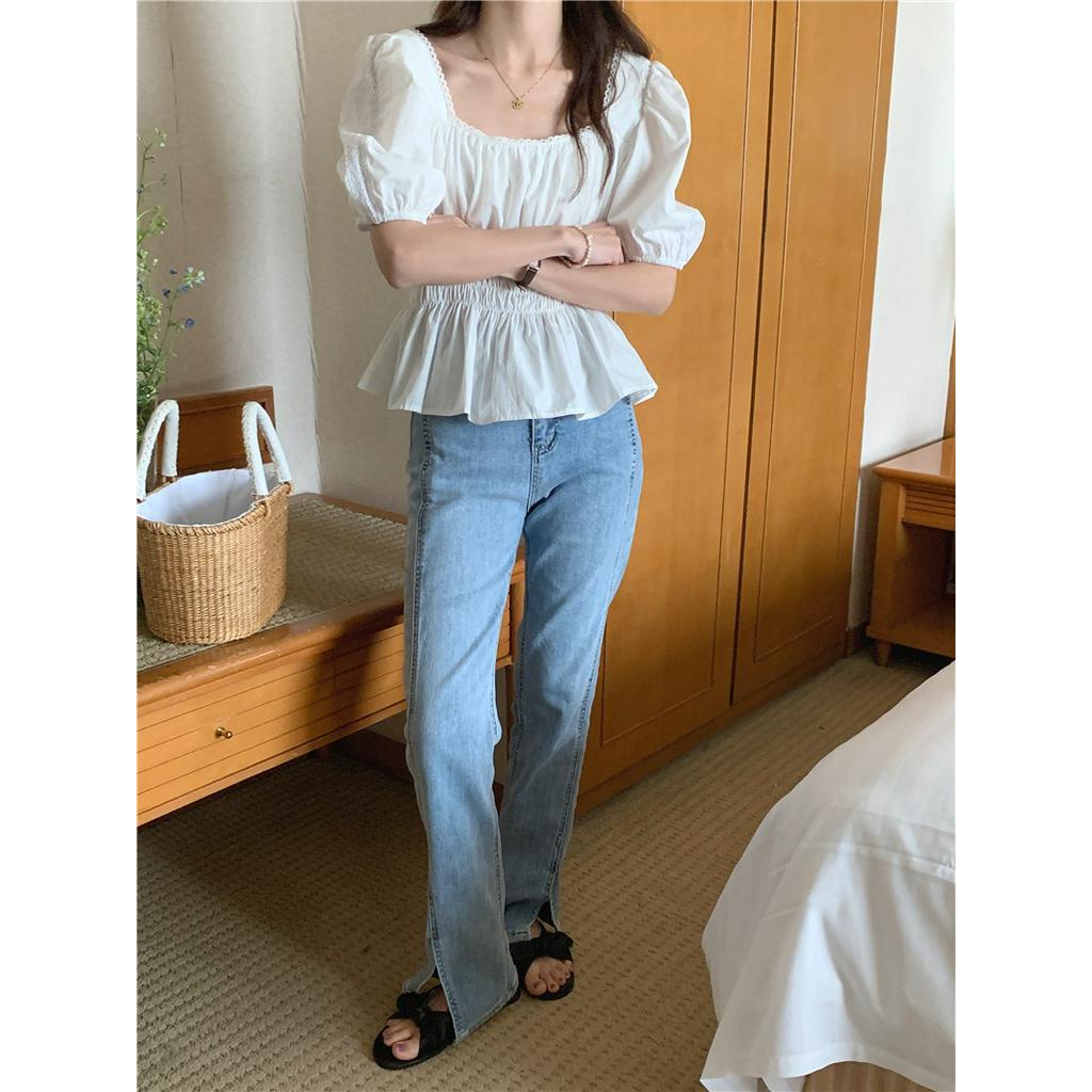 Áo Kiểu Tay Ngắn Cổ Vuông Phối Ren Ôm Eo 51580