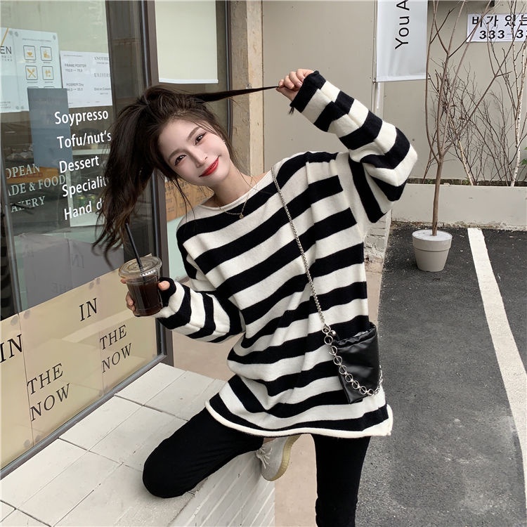 Áo Sweater Tay Dài Dáng Rộng Họa Tiết Kẻ Sọc Thời Trang Mùa Xuân Mới Cho Nữ