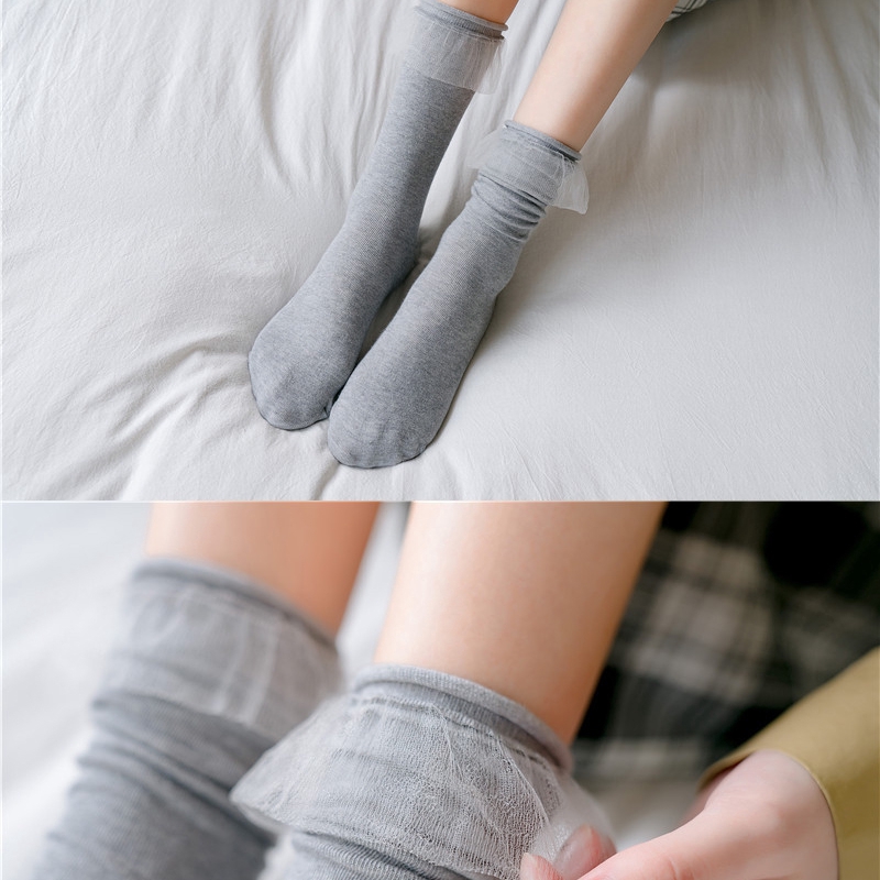 Lace Ruffles Frilly Cotton Ladies Socks All Seasons College Harajuku Lovely Cute Retro Floral Princess Loose Solid Women Socks