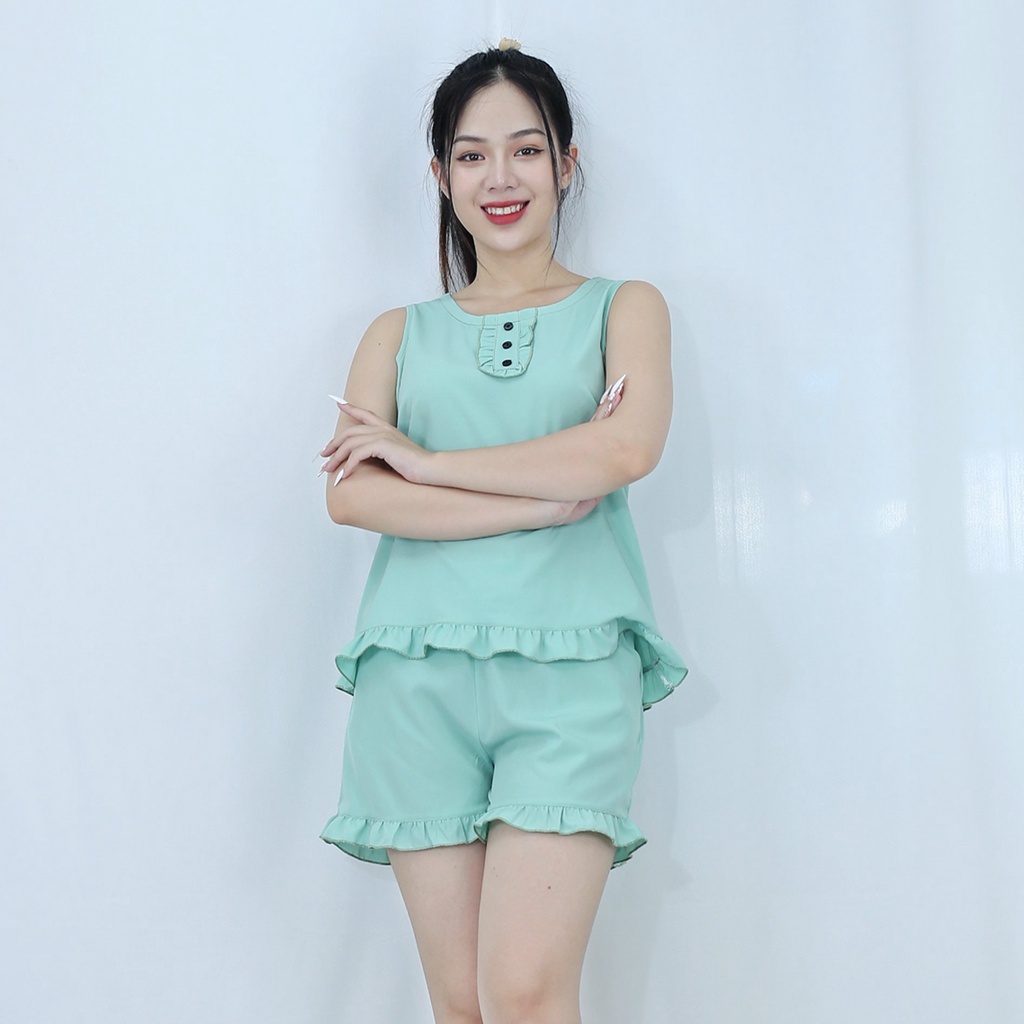 [HÌNH THẬT 100%]  Bộ đồ bộ ngắn  SÁT NÁCH BÈO XANH ĐẬU NÚT ĐEN  - vải lụa ao cấp  - Mềm mại nhẹ