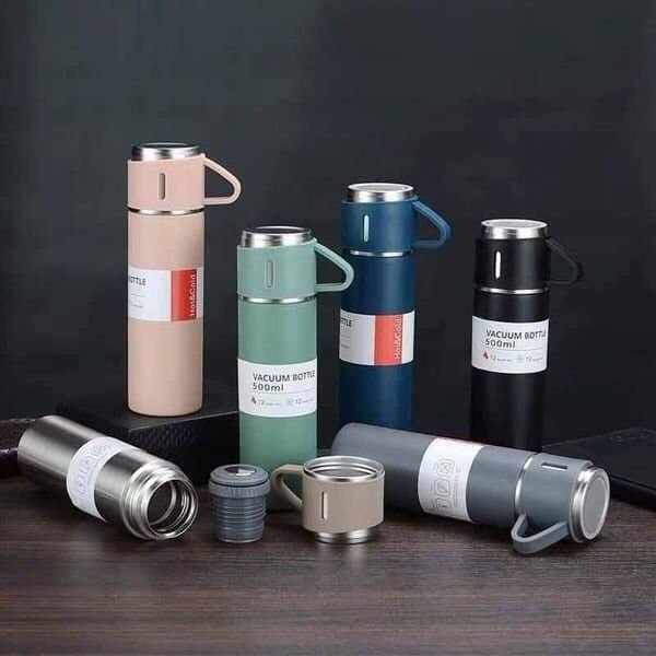 Bình giữ nhiệt cao cấp kèm 2 cốc inox có quai, Bộ bình giữ nhiệt kèm 2 ly cách nhiệt