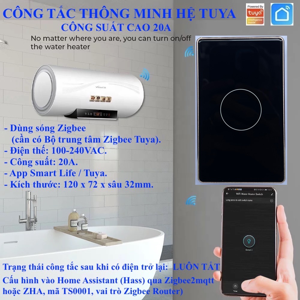 Công tắc thông minh Tuya công suất lớn 20A cho Máy nước nóng/ Máy lạnh/ Bếp điện App Tuya/ Smart Life/ Home Assistant -