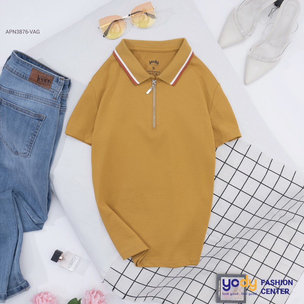 Áo thun polo nữ YODY cổ khóa trụ phối kẻ chất vải cotton cao cấp APN3876 | BigBuy360 - bigbuy360.vn