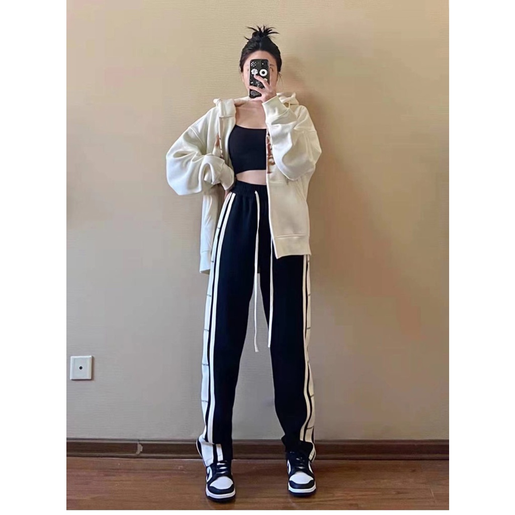 【ZHELIHANGFEI】Quần Thể Thao Lưng Cao Ống Rộng Họa Tiết Kẻ Sọc Phong Cách Đường Phố