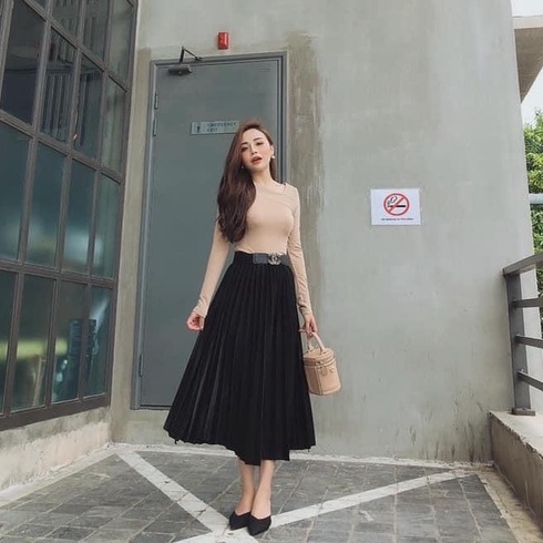 Chân váy xếp li dáng dài cạp cao chân váy midi nữ công sở MIVOSA CV002