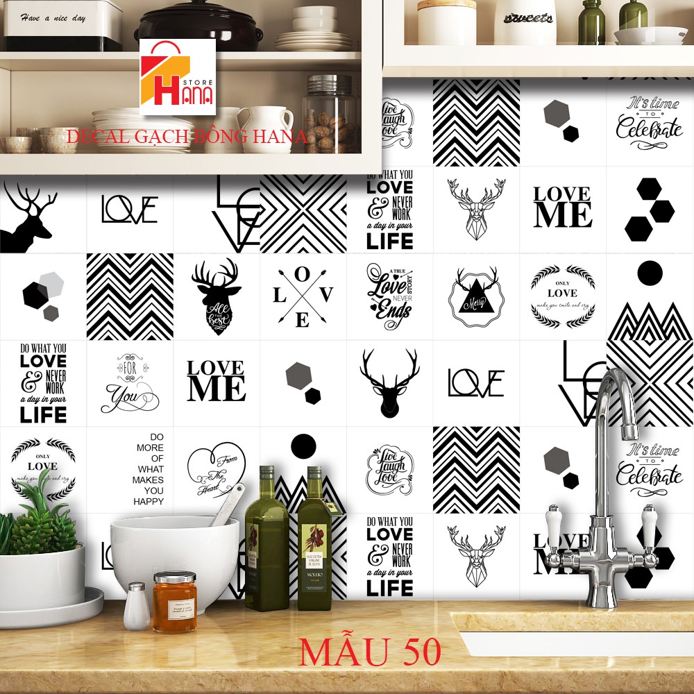 Decal Gạch Bông- set 32 ô (15x15) - KT 60x120cm - Decal dán tường decal dán bếp, các mẫu decal gạch bông đen trằng