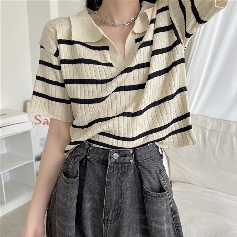 Áo thun len polo nữ ngắn tay form rộng kẻ sọc ngang Thiết kế Hàn Quốc Áo phông len nữ cộc tay Thời trang