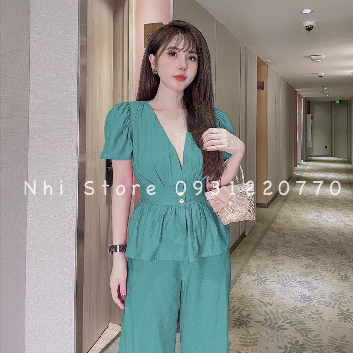 [FREESHIP 50Kg] Set Bộ Kiểu Nhistore -Bộ Quần Dài Ống Rộng Áo Cổ Đắp Tay Phồng Vải Gân Xước Freesize Dưới 57kg