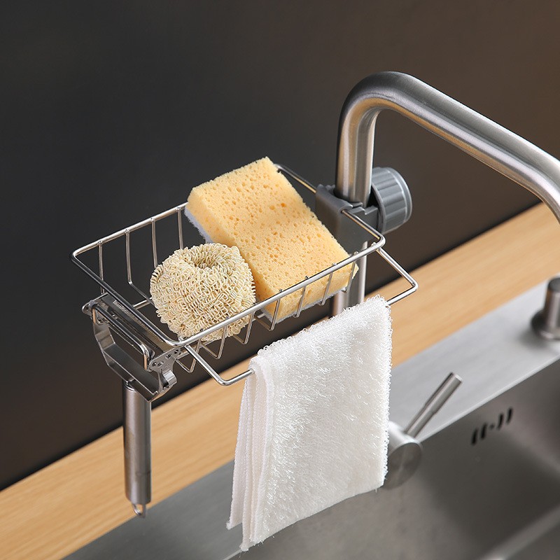 Giá Inox Gắn Vòi Nước Bồn Rửa Chén Đựng Mút Rửa Chén Tiện Dụng