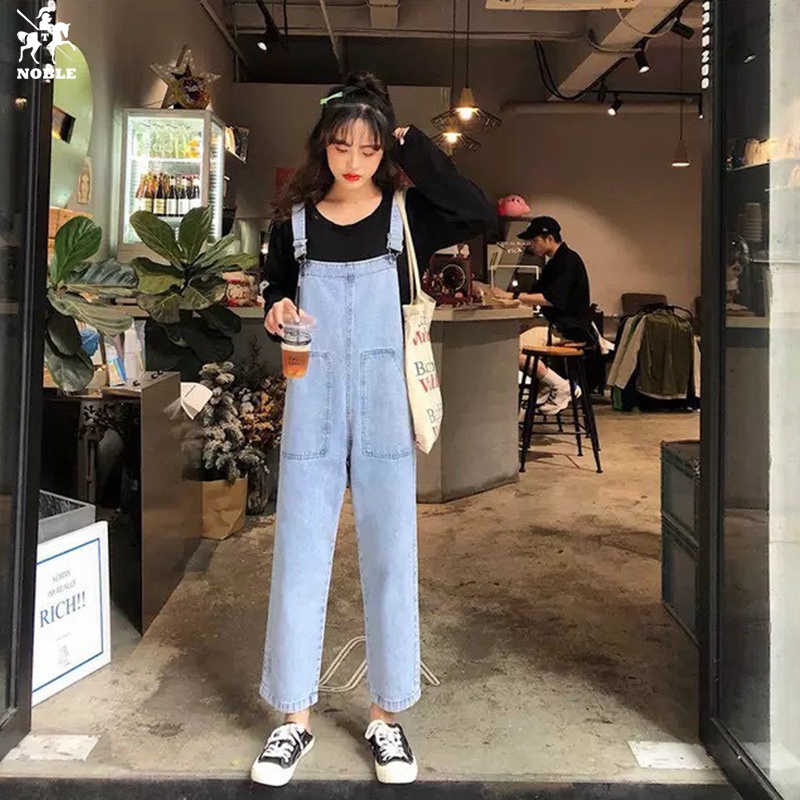 [Freeship] Quần yếm nữ jeans denim ống rộng túi hộp mẫu mới thời trang NOBLE TP042