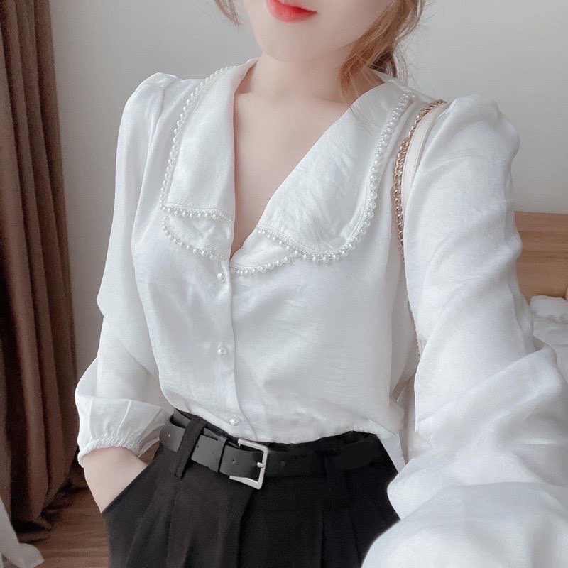 Áo Sơ Mi Cổ Bẻ Viền Ngọc Đi Học Đi Làm Siêu Xinh_Áo sơ mi cổ bẻ đính dây ngọc siêu xinh