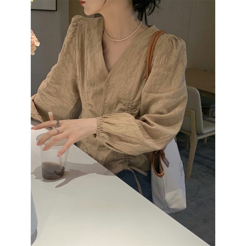Áo sơ mi nữ bigsize 45-100kg, Áo Sơ mi kiểu nữ đẹp cá tính tay dài cổ chữ v Phong cách Hàn Quốc vintage thiết kế dây rút - quảng châu cao cấp | BigBuy360 - bigbuy360.vn