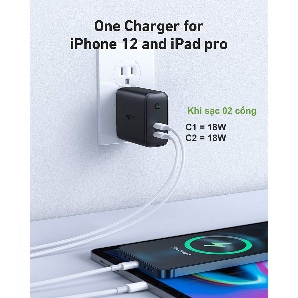 Củ sạc nhanh iPhone 12 Series, iPad Pro, Macbook Air, S10, Note 9 AUKEY PA-D2 36W (PD 3.0 30W Max trên 1 cổng)