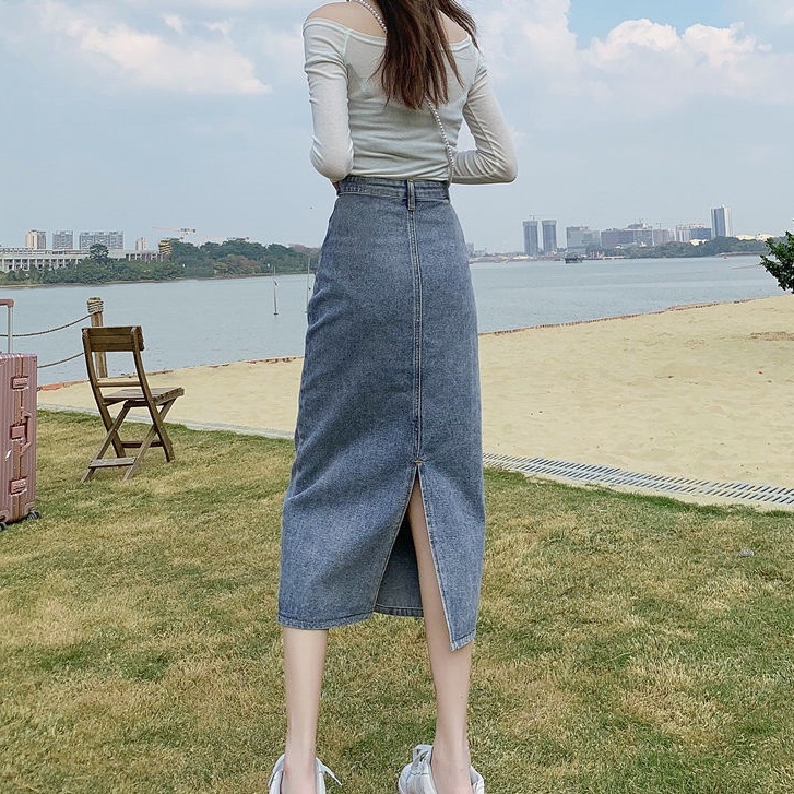 Chân Váy Denim Lửng Lưng Cao Dáng Ôm Xẻ Tà Thời Trang Xuân Hè Hàng Mới Cho Nữ