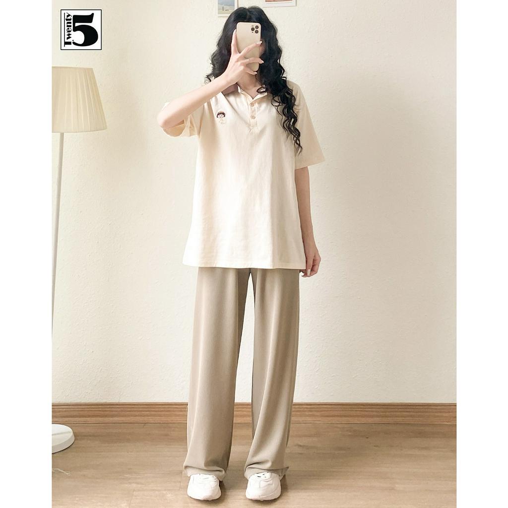 Quần thun nữ Twentyfive dáng suông dài gân tăm lưng cao cạp chun rút dây 4619